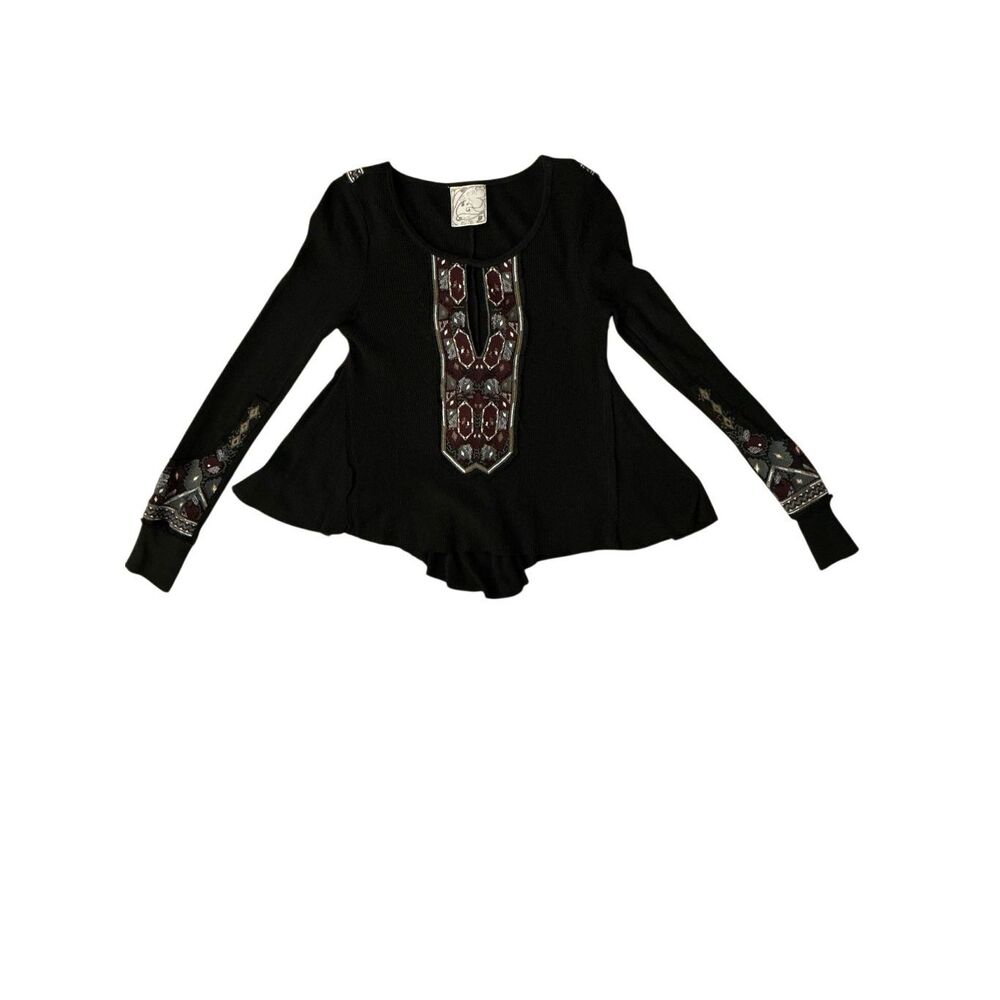 Free People Black Flared Bottom Thermal Waffle Knit Embroidered Top Size XS